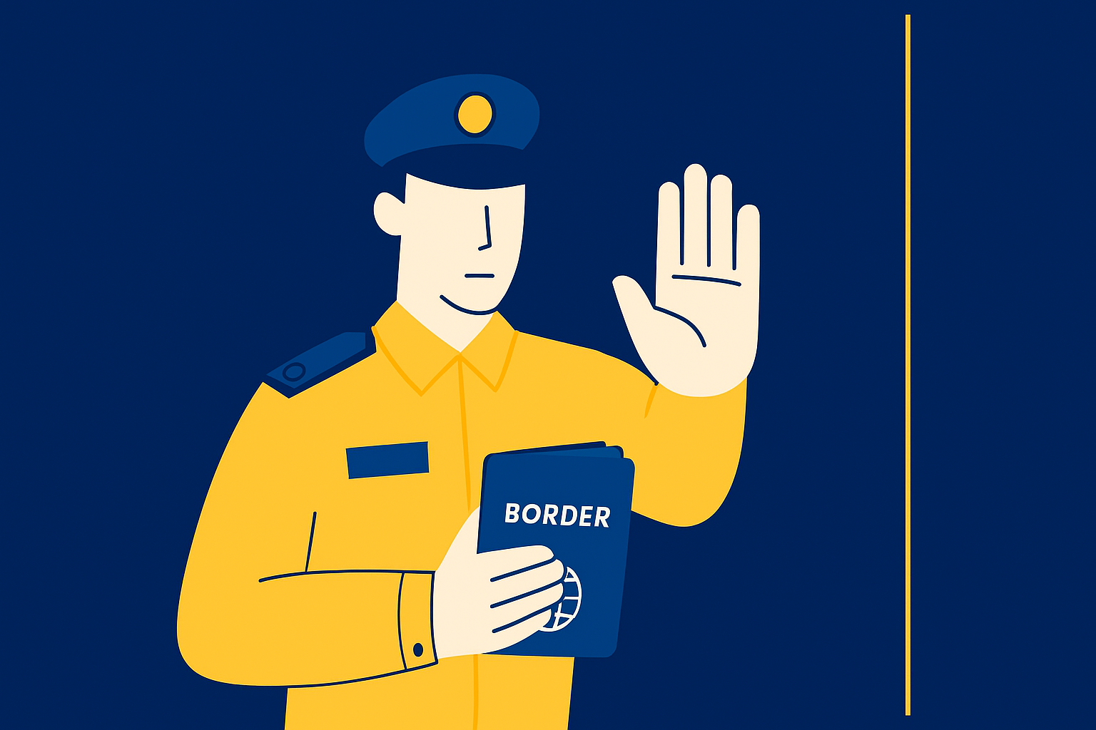 Simple illustration of a border guard with his hand up in a stop symbol with blues and yellows.